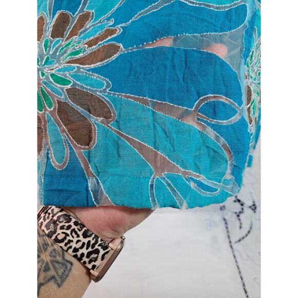 Shacket Shirt Blue Black Burnout Women's Size M L Floral 3/4 Sleeve Semi-sheer - Picture 7 of 12